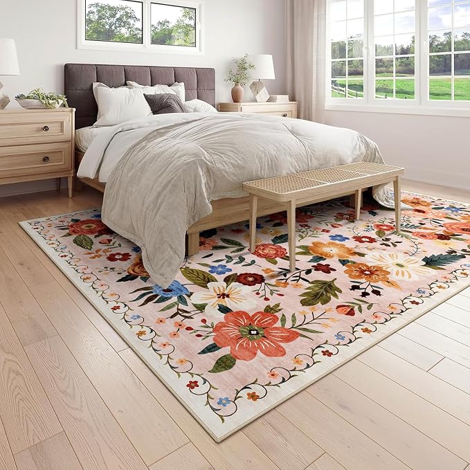 8x10 Washable Area Rug for Living Room, Floral Non-Slip Non-Shedding & Easy Care Large Soft Low Pile Indoor Floor Carpet for Living Room, Bedroom, Farmhouse, Dining Room, Kids Playroom, Beige