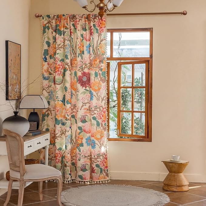 OYX Boho Floral Curtains 84 Inch, Linen Farmhouse Flower Drapes with Lace & Tassels, Light Filtering Semi Sheer Curtains for Living Room Bedroom, 2 Panels