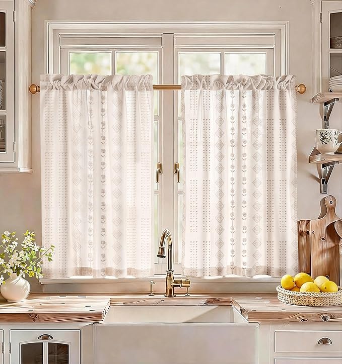 Miss Adola Farmhouse Kitchen Tier Curtains - 36 Inch Length Linen Blend Boho Cafe Curtains Striped Beige Small Window Treatments Over Sink Rod Pocket for Bathroom Living Room Light Filtering, 2 Panels