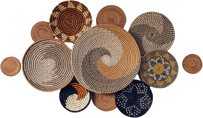 Set of 12 Woven Basket Wall Decor, Decorative Plates for Wall, Unique Wicker Wall Art Decor, Decorative Baskets for Livingroom Bedroom