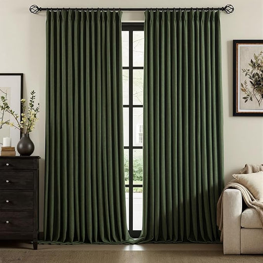 IVAPUPU Linen Pinch Pleated 100% Blackout Curtains for Bedroom - 2 Pages Black Out Green Curtains 108 Inch Long 2 Panel for Living Room Darkening Thermal Window Curtain Drapes with 16pc Hooks