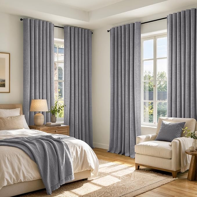 MIULEE 100% Blackout Linen Curtains for Bedroom, Glacier Gray Solid Luxury Decor Thermal Insulation Room Darkening Drapes for Living Room Back Tab Rod Pocket 42 x 63 Inches, 2 Panels