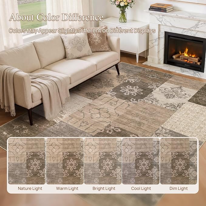 UERMEI 6x9 Area Rug for Living Room, Washable Brown Modern Geometric Patchwork Non Slip Stain Resistant Low Pile Foldable Carpet for Bedroom Dining Farmhouse Home Office