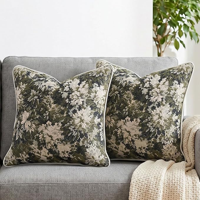 Vintage Floral Throw Pillow Covers 18x18 Inches Set of 2 Boho Farmhouse Pillow Cases Premium Chenille Textured Decorative Cushion Covers for Couch Retro Garden Farmhouse Style Olive