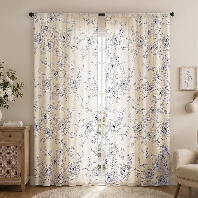 Boho Floral Curtains, Vintage Farmhouse Curtains 84 Inches Long, Dark Blue Cottage Core Flower 2 Panels