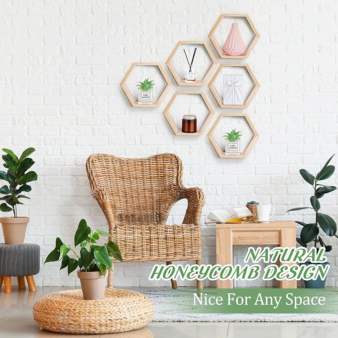 Barydat 12 Pcs 8 Inch Hexagon Shelves Wedding Table Decorations Hexagon Wood Centerpiece Geometric Terrarium Decorative Honeycomb Floating Storage Shelf for Home Office Room (Wood Color)