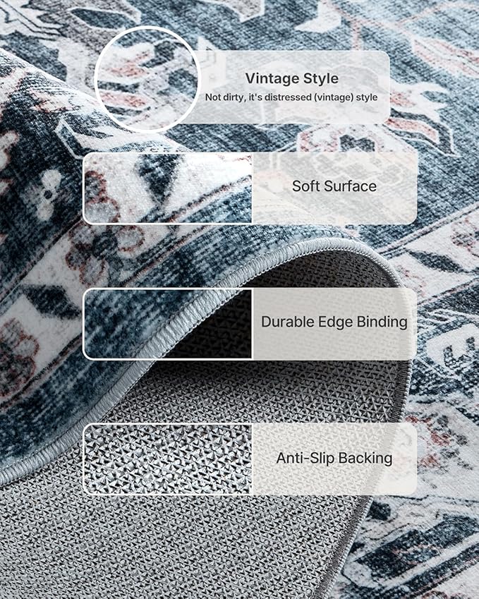 AMADA HOMEFURNISHING 5x7 Area Rugs, Washable Living Room Rug Low-Profile with Non-Slip Backing & Durable Edge Binding, Vintage 5x7 Rugs for Living Room, Bedroom, Dinning Room