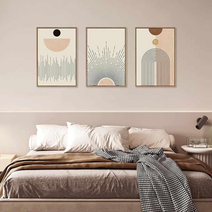 LHIUEM Large Abstract Boho Line Framed Canvas Wall Art Set,Modern Geometric Sun Wall Decor,Mid-Century Neutral Artwork for Living Room,Bedroom,Dining Room,Office -16"x24"x3