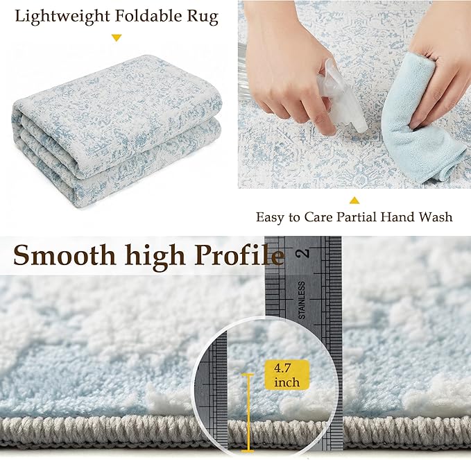 5x7 Fluffy Area Rug Blue Shag Neutral Throw Carpet for Living Room Soft Medium Pile Floral Throw Rug for Bedroom Dorm Office Dining Room Kitchen Modern Decor