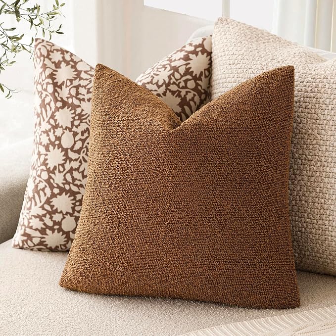 Foindtower Pack of 2 Modern Textured Boucle Throw Pillow Covers Accent Solid Decorative Pillow Cases Cozy Woven Couch Cushion Case for Chair Sofa Bedroom Living Room Home Decor 20x20 Inch Hazel Brown