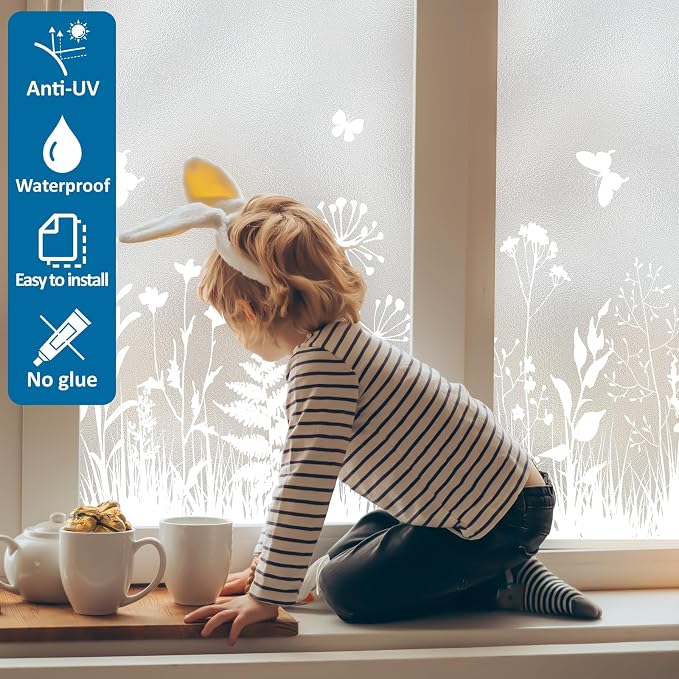 Window Privacy Film 29.5" x 78.7", Frosted Glass Window Film with Floral Pattern Decorative Privacy Window Film Static Cling No Glue Light Filtering UV Blocking for Home Bathroom Office