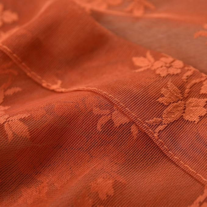 Kotile Orange Sheer Curtains 96 Inches Long, Country Rustic Floral Patterned Fall Lace Curtains for Living Room, Rod Pocket Privacy Lace Sheer Window Curtains, 52 x 96 Inch, 2 Panels, Orange