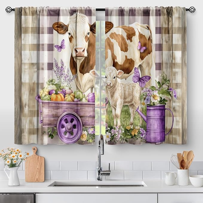 Dairy Cow Farm Harvest Kitchen Curtains - Country Rustic Farmhouse Short Cafe Curtains Decor for Dining Room Tier Curtains Over Sink Rod Pocket Window Drapes 30 Inch Length 2 Panels Set, 28"x30"