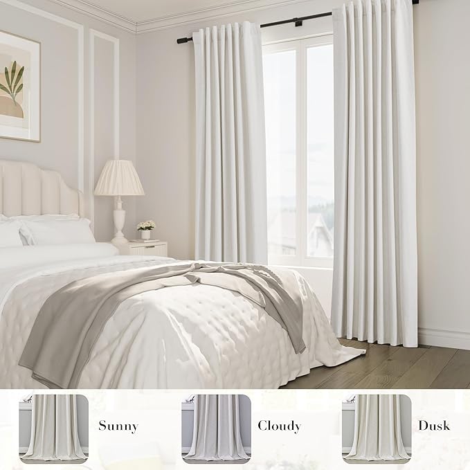 Joywell 100% Blackout Linen Curtains 108 Inches Long for Bedroom Large Window 9 FT Natural Black Out Curtain Back Tab Hook Belt Room Darkening Drapes Floor to Ceiling Cream Ivory 2 Panel,52 x 108