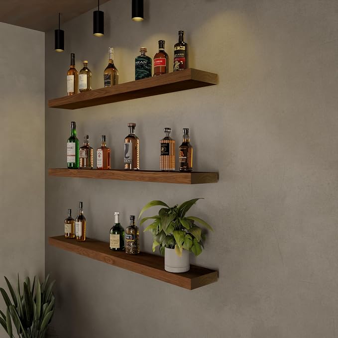 ROGMARS 36 Inches Long Walnut Floating Shelves | Rustic Solid Wood Farmhouse Wall Shelves with Invisible Brackets for Bathroom, Living Room, Bedroom, Kitchen Set of 3