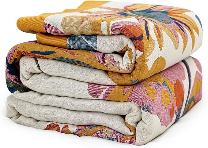 MSGKV Boho Throw Blanket for Couch and Sofa 50"x60" Cotton Throw Cover for Living Room with Floral and Butterfly, Spring Breathable&Lightweight Blanket