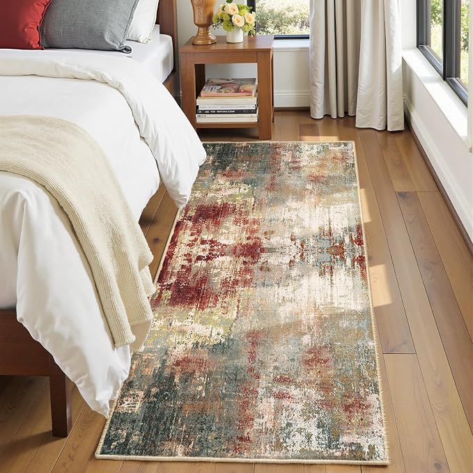 RELEANY Washable Area Rugs 2'x10' Non-Slip Modern Abstract Soft for Living Room Entryway Bedroom Kitchen, Print Pattern, Brown Rust Red Green Blue Multi
