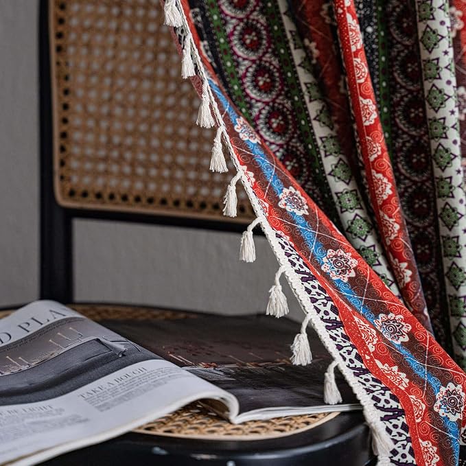 VOGOL Boho Style Bedroom Curtains, Semi Blackout Striped Print Drapes with Tassels for Living Dining Room, 1 Panel Rod Pocket Window Treatment, 52 x 84 Inches, Red & Blue