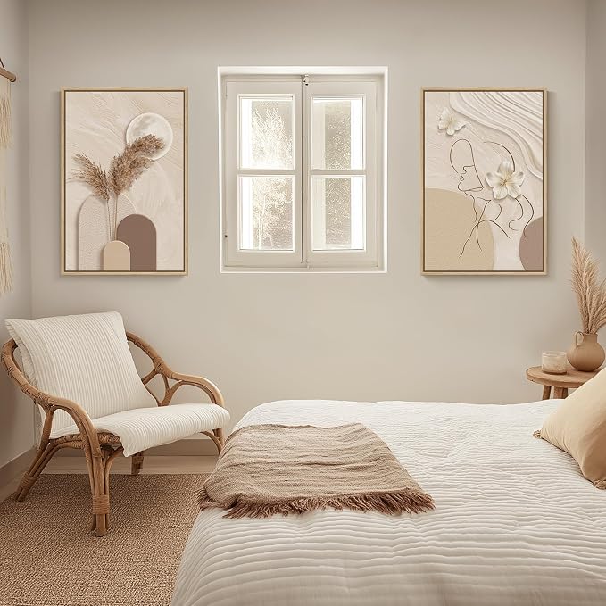 Large Framed Neutral Abstract Wall Art for Living Room, Set of 2 Modern Warm Beige and Taupe Canvas Artwork for Walls, Woman Silhouette Paintings Prints Wall Decor for Bedroom Home Office, 20x30 Inch