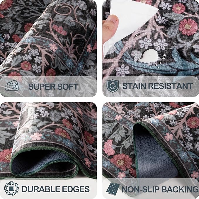 6x9 Washable Area Rugs for Living Room, Stain Resistant Vintage Rugs for Dining Room Under Kitchen Table, Bedroom, Floral Low Pile Non-Slip Large Carpet (6 x 9 Dark Green)