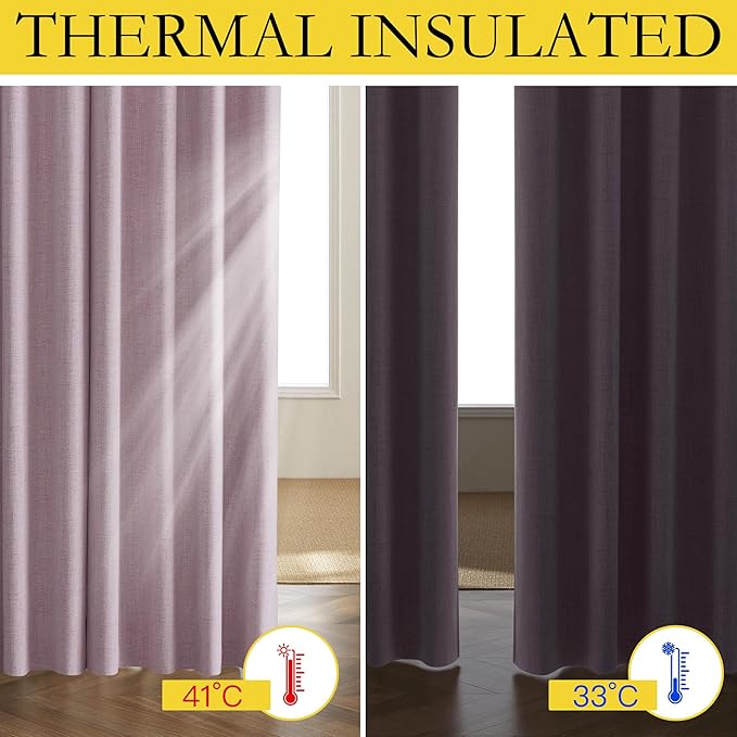 NICETOWN Pink Vintage Linen 100% Blackout Curtains for Dining Room, Thermal Insulated Curtains 54" Long, Noise Reducing Window Treatment Drapes for Kitchen, 42" Wide Per Panel, Set of 2