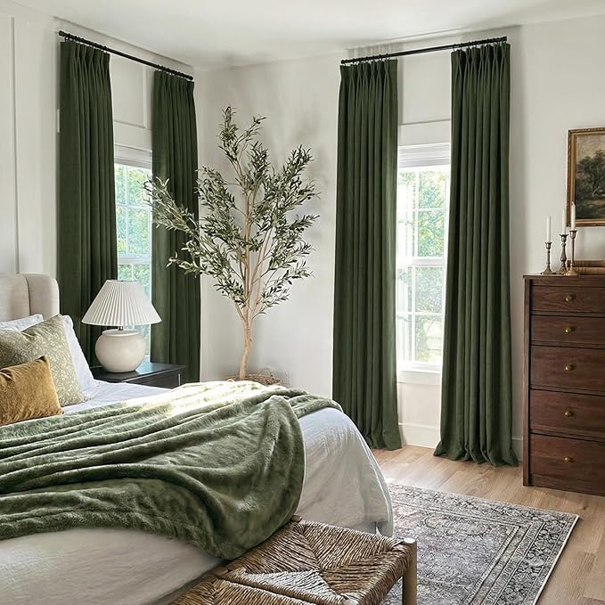 CAPALOCA Pinch Pleated Blackout Curtains 108 Inches Long, Linen Blend, 100% Blackout Drapes with 20 Hooks, Ideal for Bedroom and Living Room, 40" W x 108" L (Pack of 2), Loden Green