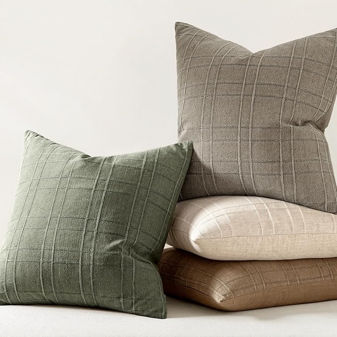 MIULEE Decorative Linen Check Throw Pillow Covers Neutral Farmhouse Vintage Spring Pillow Covers 16x16 Set of 2 Boho Modern Home Decor for Sofa Couch Bedroom Cushion Olive Green