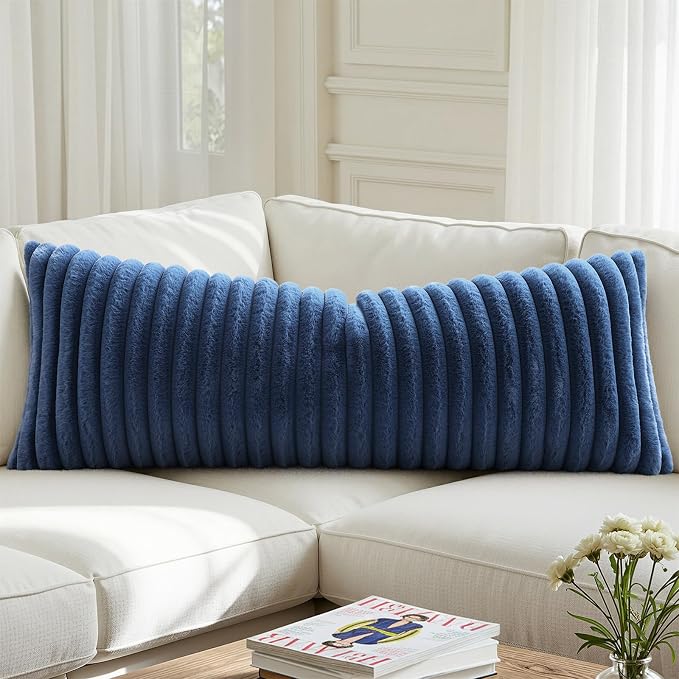 decorUhome Fall Cozy Faux Fur Throw Pillow Covers 14x36 Pack of 1 Decorative Soft Plush Striped Lumbar Coastal Modern Farmhouse Boho Couch Pillow Cases with Velvet Back for Sofa Bed, Navy Blue