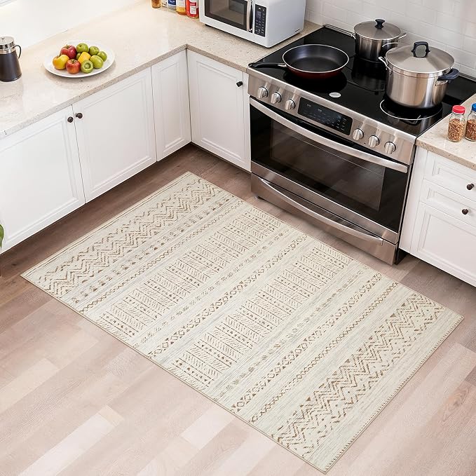 cotiled 3x5 Area Rugs Living Room Rug: Washable Boho Rugs with Non Slip Backing Small Soft Indoor Stain Resistant Carpet for Bedroom Farmhouse Dining Room Lightweight Home Decor Brown/Cream
