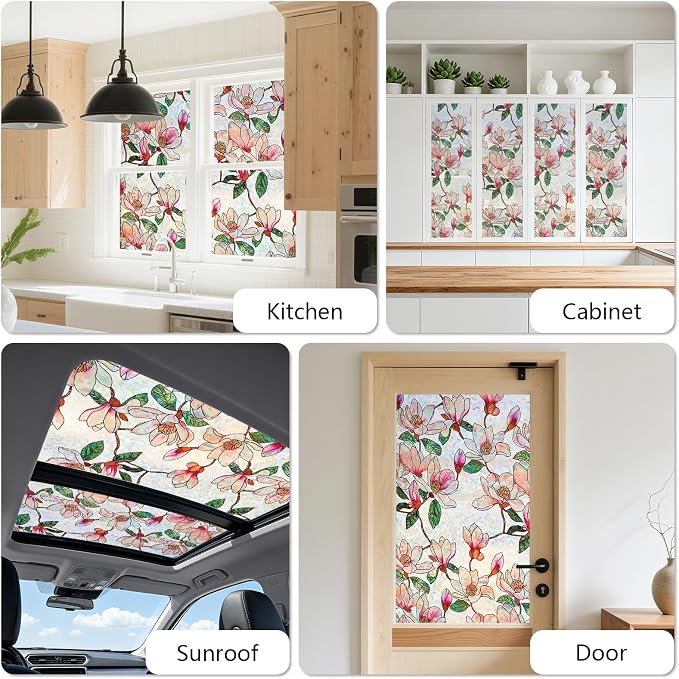 Kromapolis Window Privacy Film, Stained Glass Sticker Floral Window Clings, Decorative Static Clings UV Blocking Colorful Decals, Removable Vinyl Covering Rainbow Magnolia Flowers, 45.2'' x 157.4''