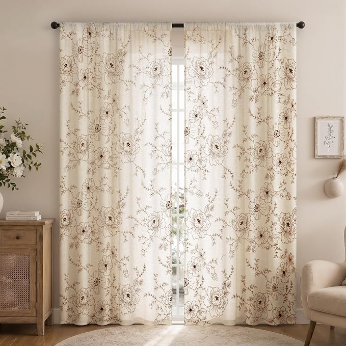 Boho Floral Curtains, Vintage Farmhouse Curtains 84 Inches Long, Camel Cottage Core Flower 2 Panels