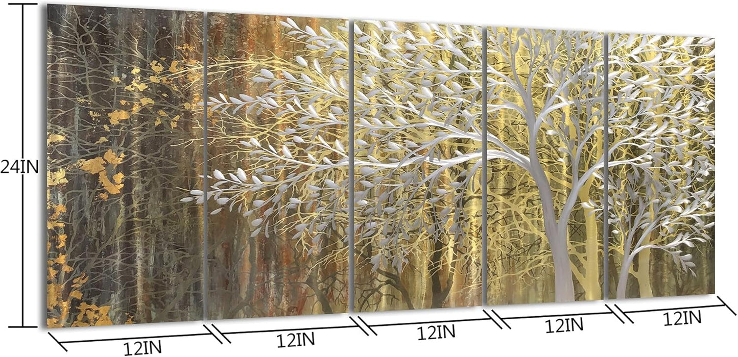 Yihui Arts Gold Metal Wall Art Handcrafted Tree on Aluminum Artwork Modern Forest Pictures with 3D for Living Room Bedroom Kitchen Decor