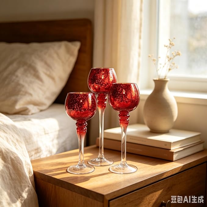 Hosley Set of 3 Crackle Red Glass Tealight Holders - 12 Inch, 10 Inch, 9 Inch Ideal for Weddings Special Events Parties Also Makes a Great Gift