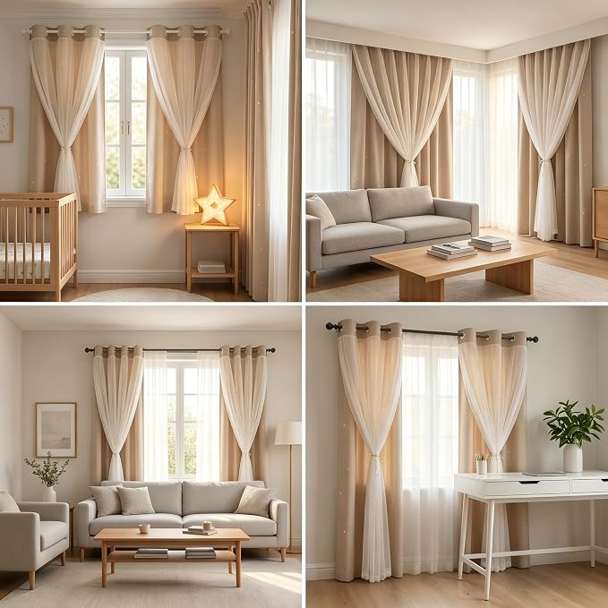 Kids Blackout Curtains for Bedroom/Living Room/Classroom, Sheer Overlay 95 Inches 2 Panel Set, Double Layer Curtains with Star Cutout for Kids Room(W 52 x L 95 Inches,Beige 2 Pcs)