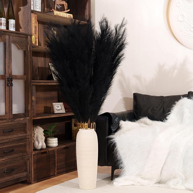 Premium Faux Black Pampas Grass – 55" 8pcs Tall Ultra-Fluffy 24-Branch One-Piece Stems No Assembly, Luxury Silk-Feel Feather Flowers for Modern Gothic Industrial Home Decor (Jet Black, 8 Stems)
