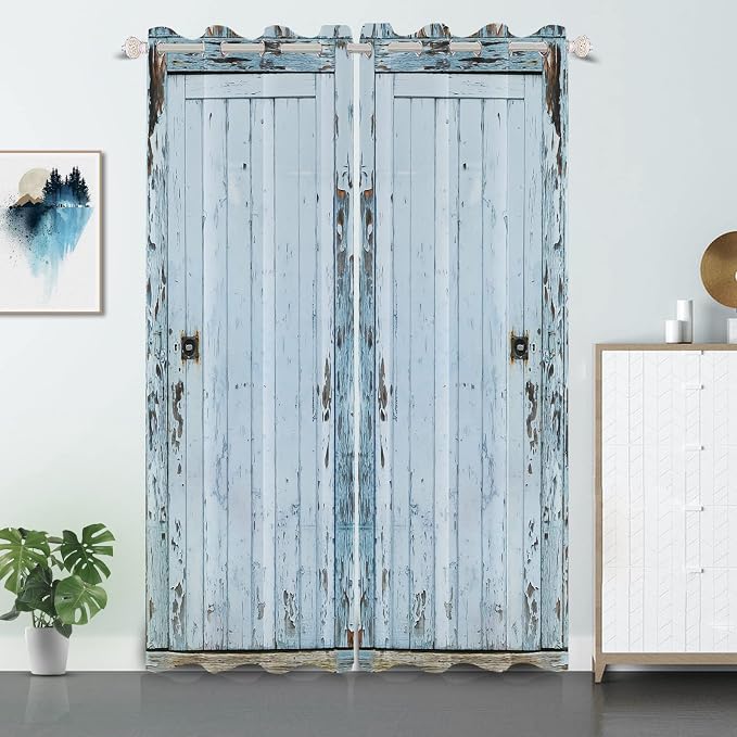 Wooden Barn Door Window Curtains Vintage Blackout Kitchen Curtains Rustic Country Farmhouse Garage Decor Light Blue Wood Planks Print Window Drapes for Living Room Bedroom,42x108 inch,2 Panels