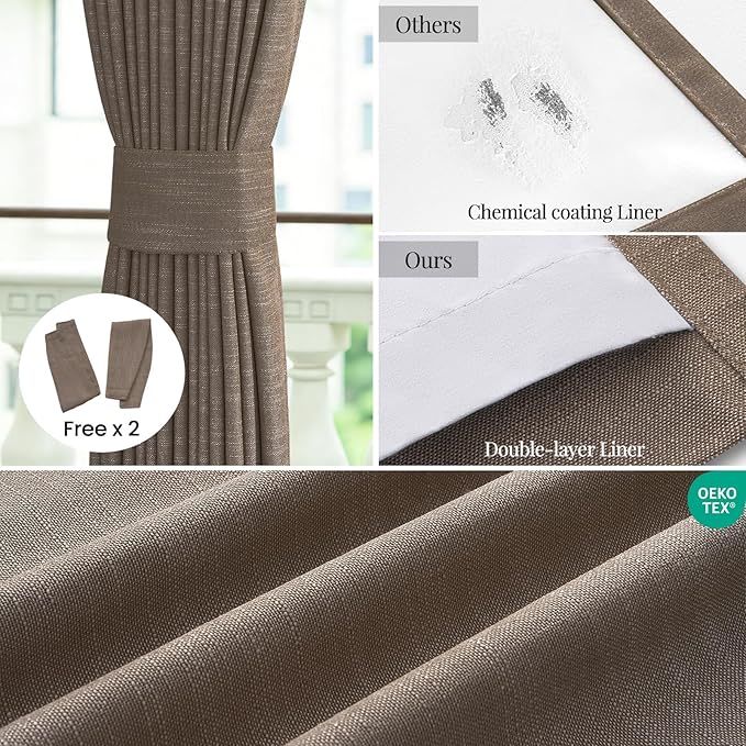 Topfinel 100% Blackout Pinch Pleated Curtains for Track System, Dark Flax Thick Blend Linen Bedroom Curtains, Decorative Elegant Lined Nursery Drapes 2 Panels Cozy Rustic Boho Style Dark Brown