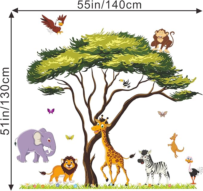 Amaonm Giant Jungle Animal and Tree Wall Decals Removeable DIY Flower Lion Giraffe Monkey Wall Sticker Peel and Stick Wall Decor for Baby Boys Nursery Kids Room Bedroom Living Room Classroom