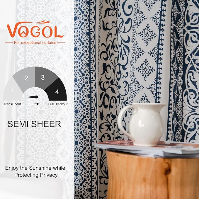 VOGOL Blue Boho Curtains for Living Room, Not See Through Geo Print Decorative Drapes for Kitchen Window, 1 Panel Linen Textured Rod Pocket Curtain for Bedroom, 28 x 84 Inches