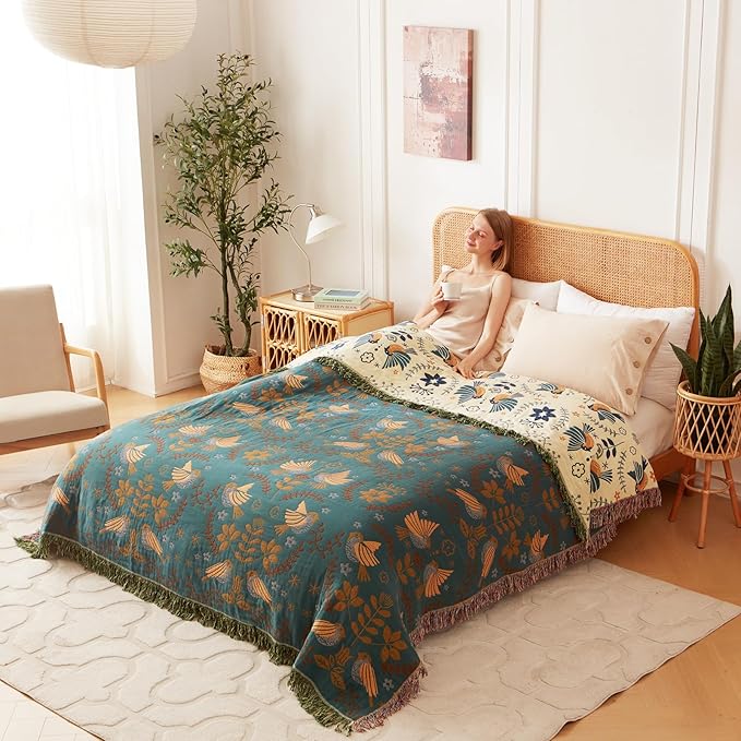Queen Throw Blanket for Bed 100% Cotton Boho Soft Quilt Birds and Floral Double Embroidery Spring Breathable Bed Blanket,90"x90" Lightweight All Season Blankets for Bedding Couch Home Decor