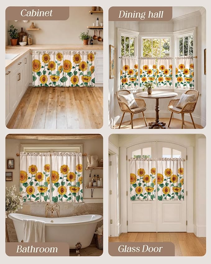 Miss Adola Sunflower Kitchen Tier Curtains - 36 Inch Length Linen Blend Farmhouse Cafe Curtains Floral Small Window Treatments Over Sink Rod Pocket for Bathroom Living Room Light Filtering, 2 Panels