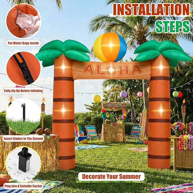 Jenaai 9.5 ft Giant Inflatable Palm Tree, LED Blow up Arch for Party, Luau Hawaiian Tropical Beach Party Decorations for Summer Pool Yard Garden Favors Supplies