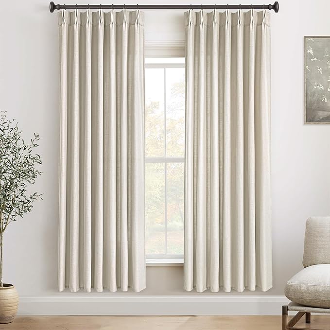 72 Inch Linen Curtains 2 Panel Set for Living Room Natural Beige Pinch Pleat Curtain Memory Trained with Hook FarmhouseRustic Canvas Textured Light Filtering Track System Pleated Drapes 72 Long