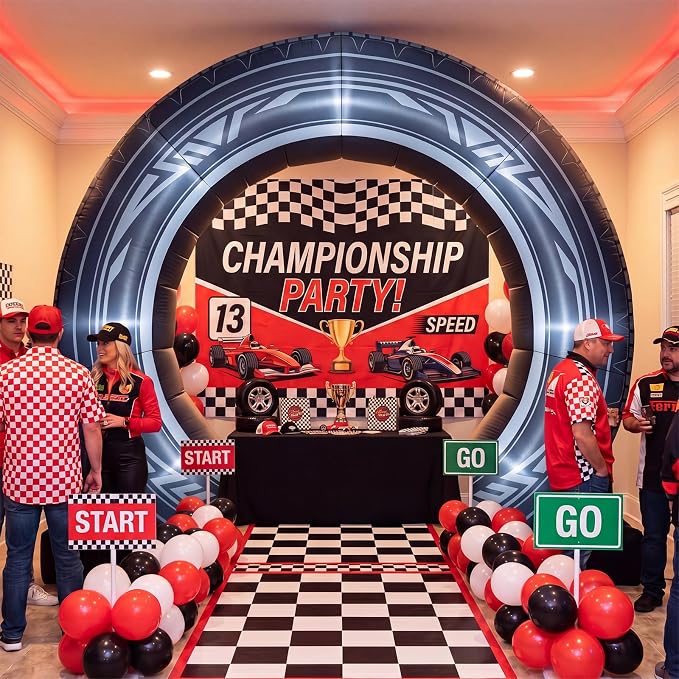 Seenelling 9 ft Racing Car Theme Giant Inflatable Archway Decoration Black Tire Design Arch Built-in LED Lights for Car Shows Party Events Photography Indoor Outdoor Supplies