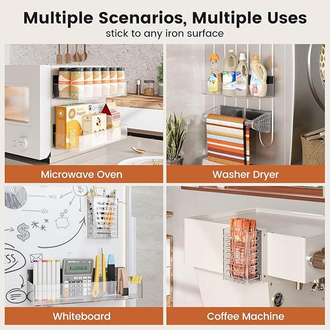 Mystozer Magnetic Spice Rack for Refrigerator,7 Pack Magnetic Shelf,Fridge Magnet Organizer with Paper Towel Holder,Utensils Racks,Hook Rack,Fridge Organizers and Storage Clear(7 Pack)
