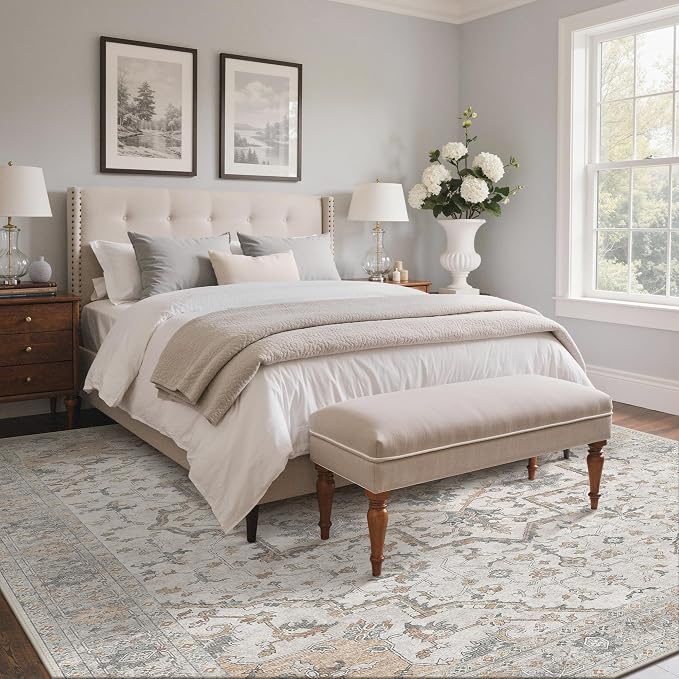 GENIMO 10x14 Area Rugs for Living Room, Machine Washable Non Slip Vintage Rugs, Low Pile Lightweight Print Rug for Bedroom, Dining Room, Home Office,Gray Brown
