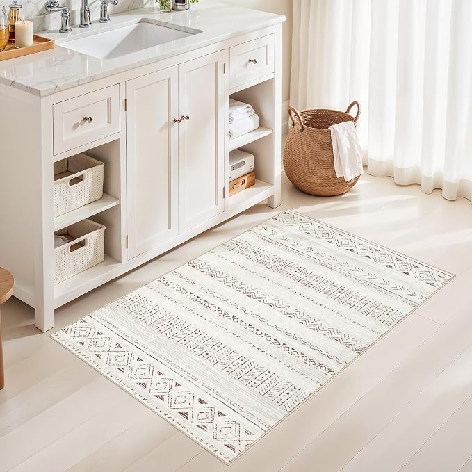 cotiled 3x5 Area Rugs Living Room Rug: Washable Boho Rugs with Non Slip Backing Small Soft Indoor Stain Resistant Carpet for Bedroom Farmhouse Dining Room Lightweight Home Decor L Brown/Cream
