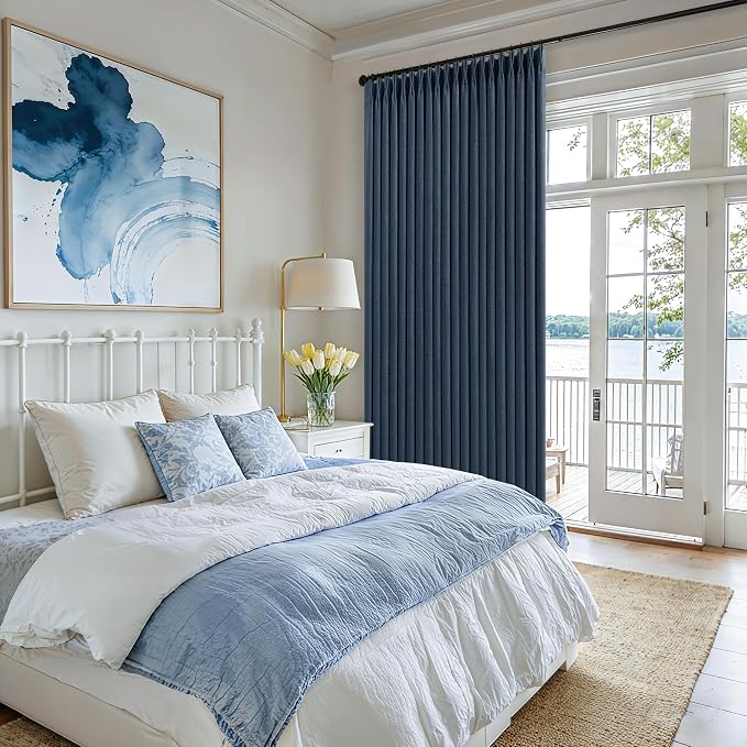 TWODRAPES 100 Inch Pinch Pleat Drapes Navy Blue Room Darkening Curtains 100 Inches Long for Bedroom Modern Neutral 100% Blackout Thick Linen Double Layer Pleated Curtain 2 Panels Set Home Decor