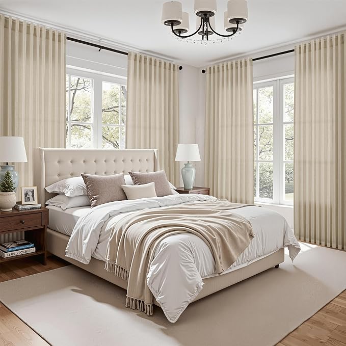 Nanspring Eggshell Beige Curtains 63 Inch Length for Living Room Linen Blend Luxury Light Filtering Semi Sheer Curtain Back Tab Rustic Decor Neutral Elegant Drapes for Bedroom Office 52x63, 2 Panels