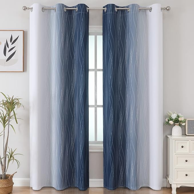 Estelar Textiler Navy Blue and Greyish White Blackout Curtains 84 Inches Long, Full Room Darkening Grommet Curtains for Bedroom,Thermal Insulated Ombre Blackout Drapes for Living Room,42Wx84L,2 Panels